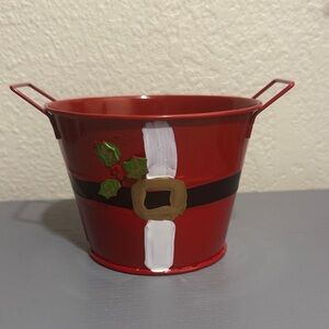 Hand Painted Festive Red Metal Christmas Santa Bucket